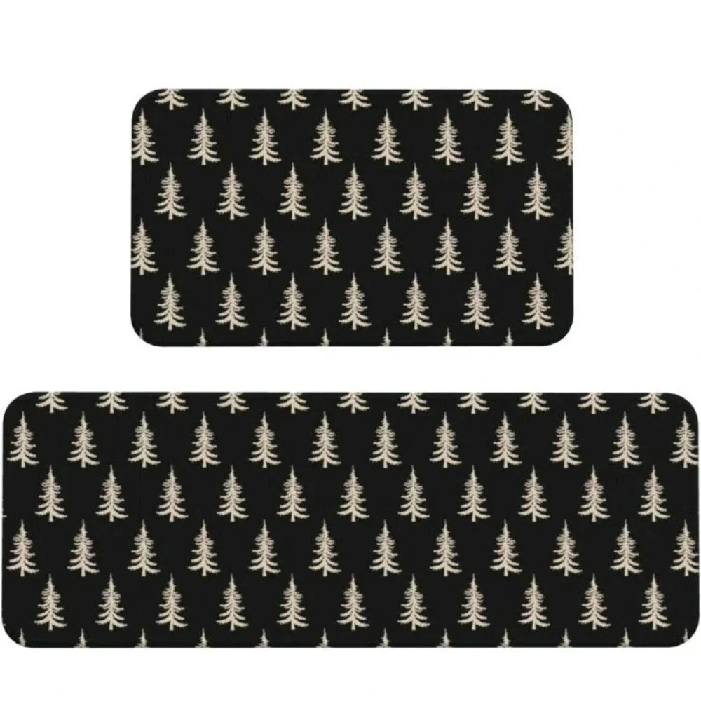 Kitchen Mat Set Of 2 Christmas Print Black Mat With White Trees 17x29, 17x47